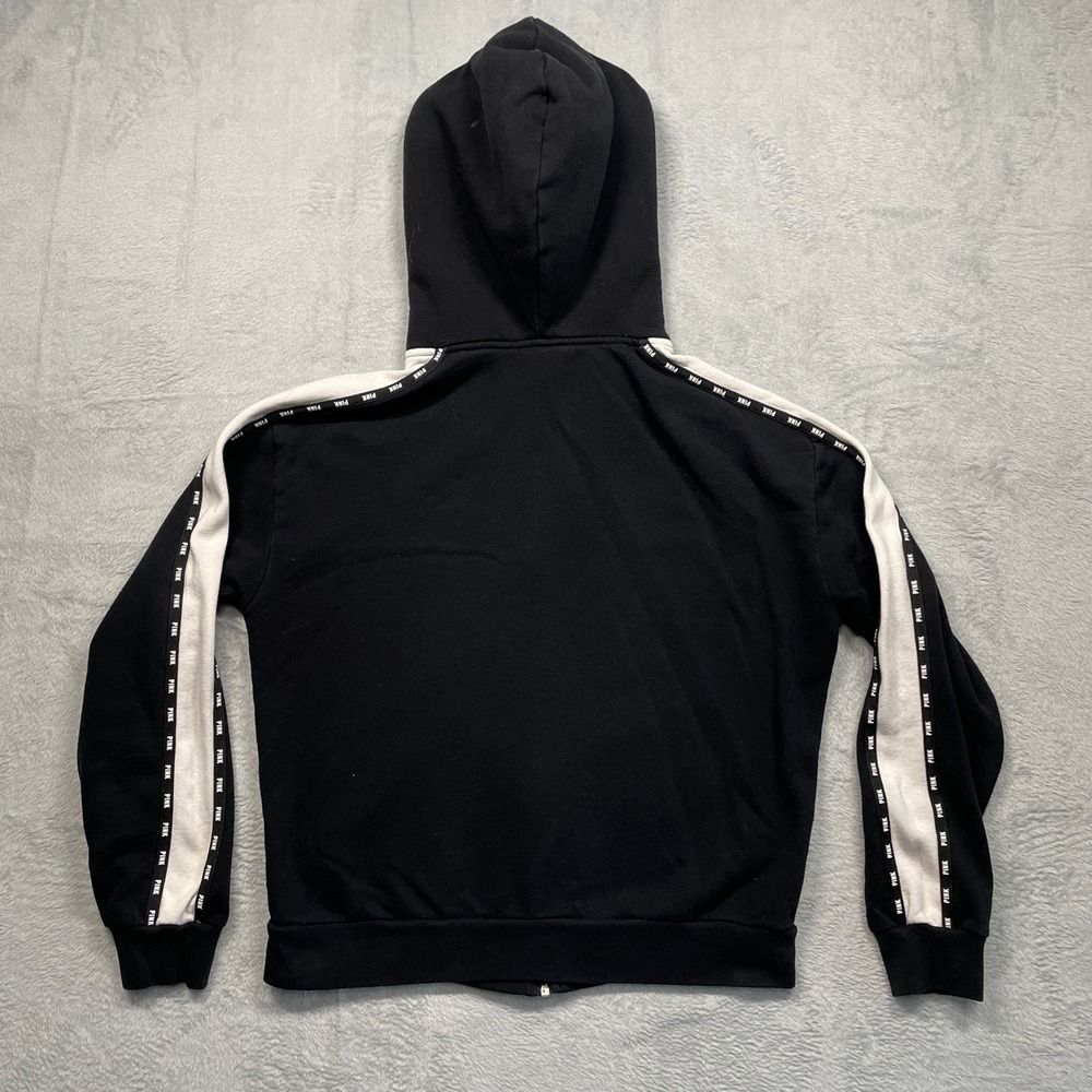 PINK Victoria's Secret Zip Hoodie Women Medium Black Sherpa Hood white Stripe - Picture 11 of 11